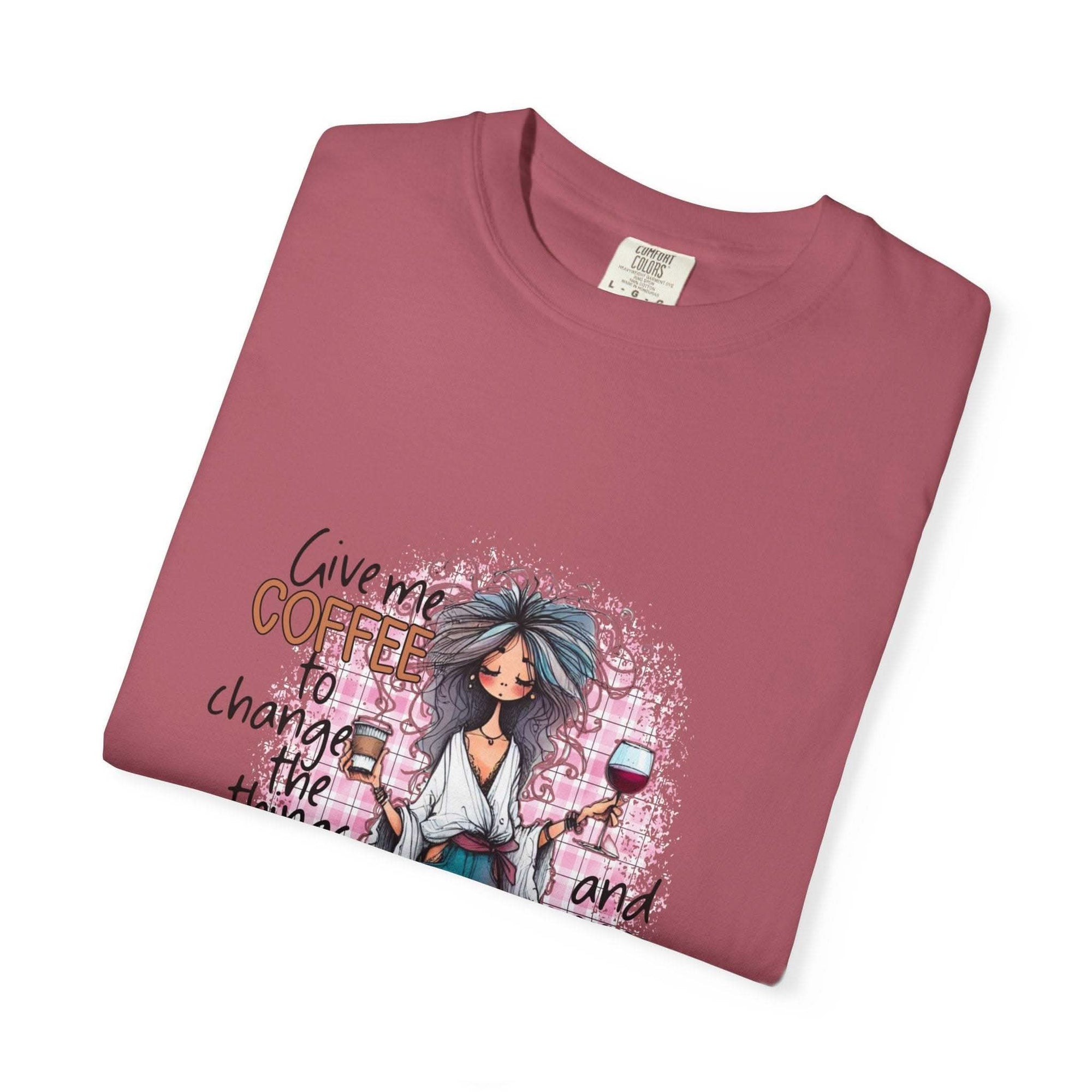 Folded coffee and wine unisex t-shirt with illustrated woman and quote design on front