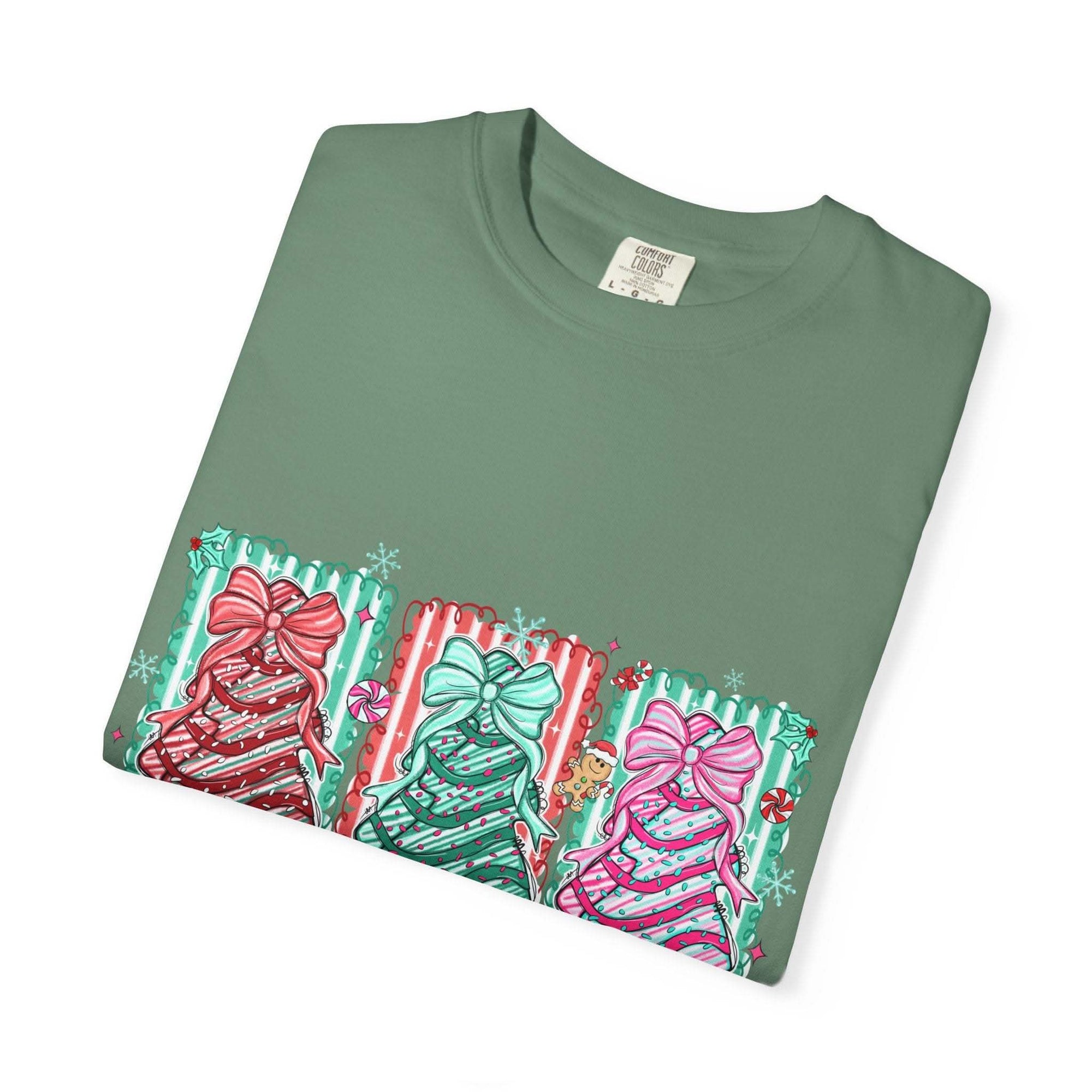 Oh Christmas Tree T-shirt with colorful decorated Christmas trees on cream garment-dyed fabric