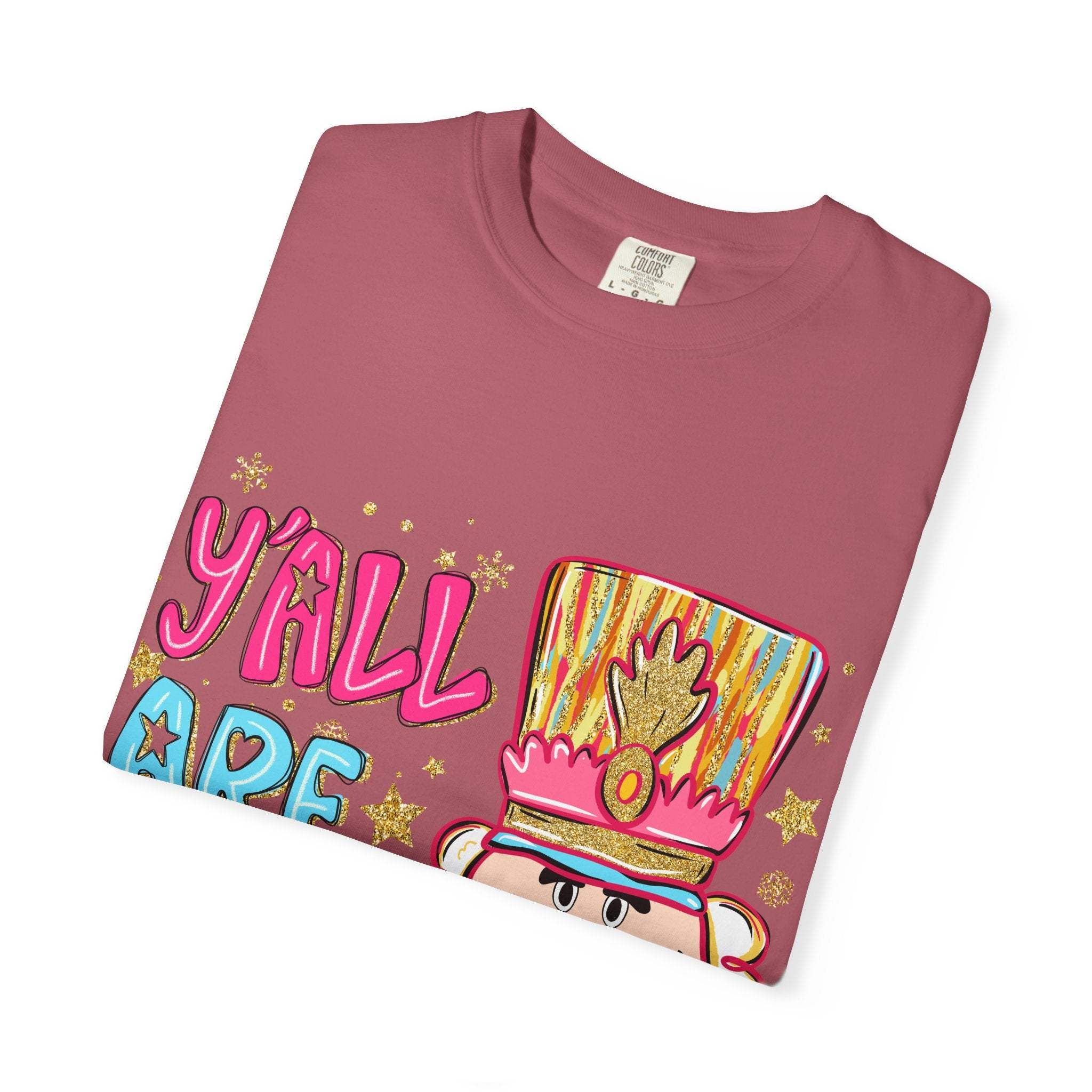 Preppy Yall Are Nuts Nutcracker T-shirt in dusty rose with colorful graphic and cotton fabric