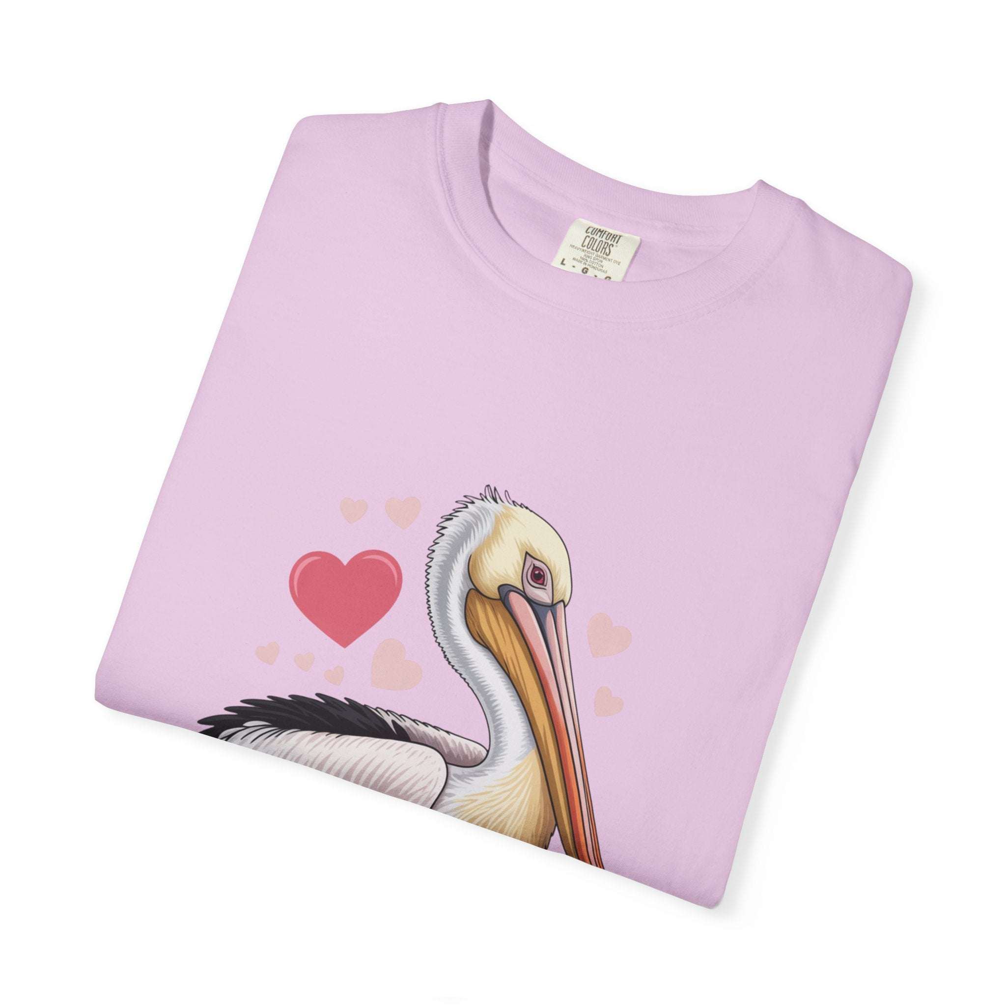 Valentine Pelican Hearts T-Shirt with vintage pelican and heart design on soft garment-dyed fabric