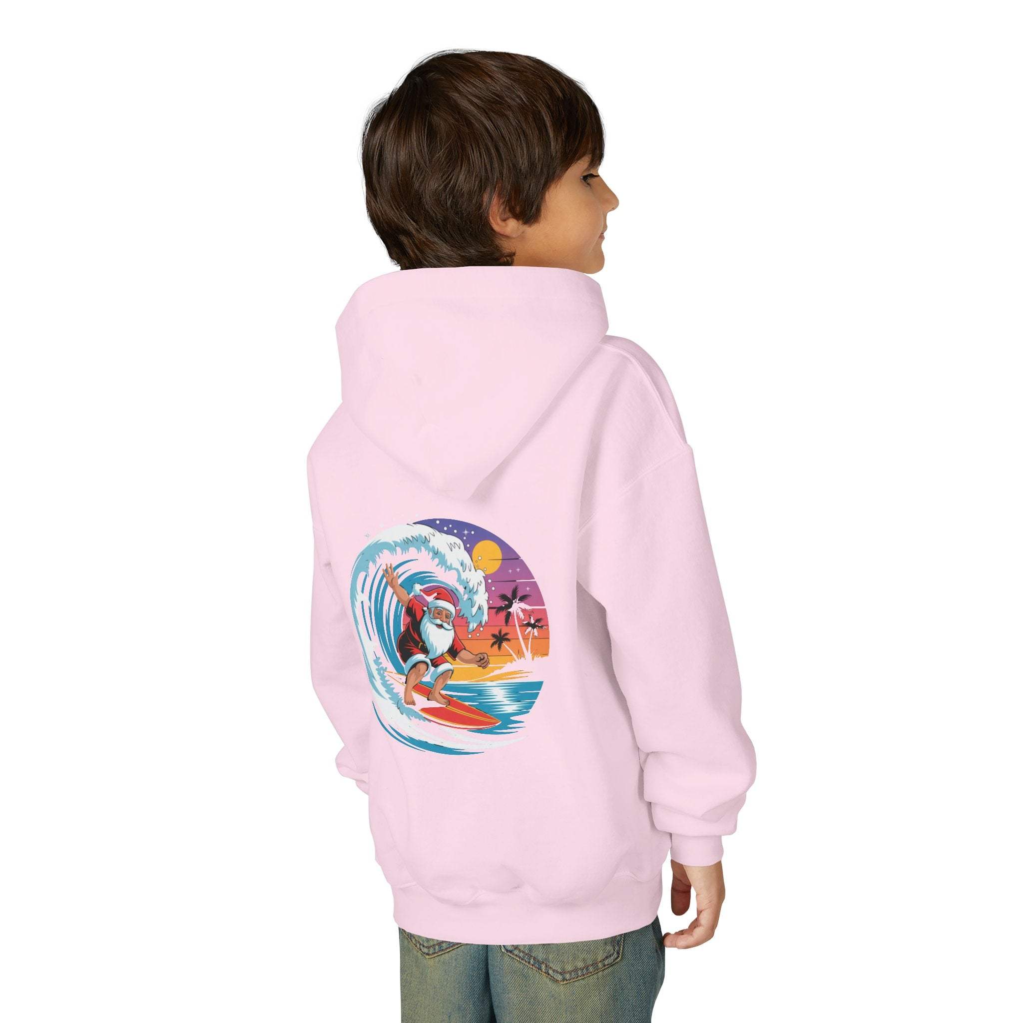Child wearing navy Surfing Santa Hoodie with Santa surfing on wave graphic on back