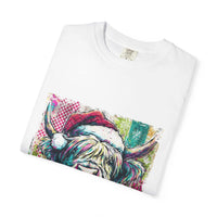 Retro Santa Highland Cow graphic on green cotton T-shirt
