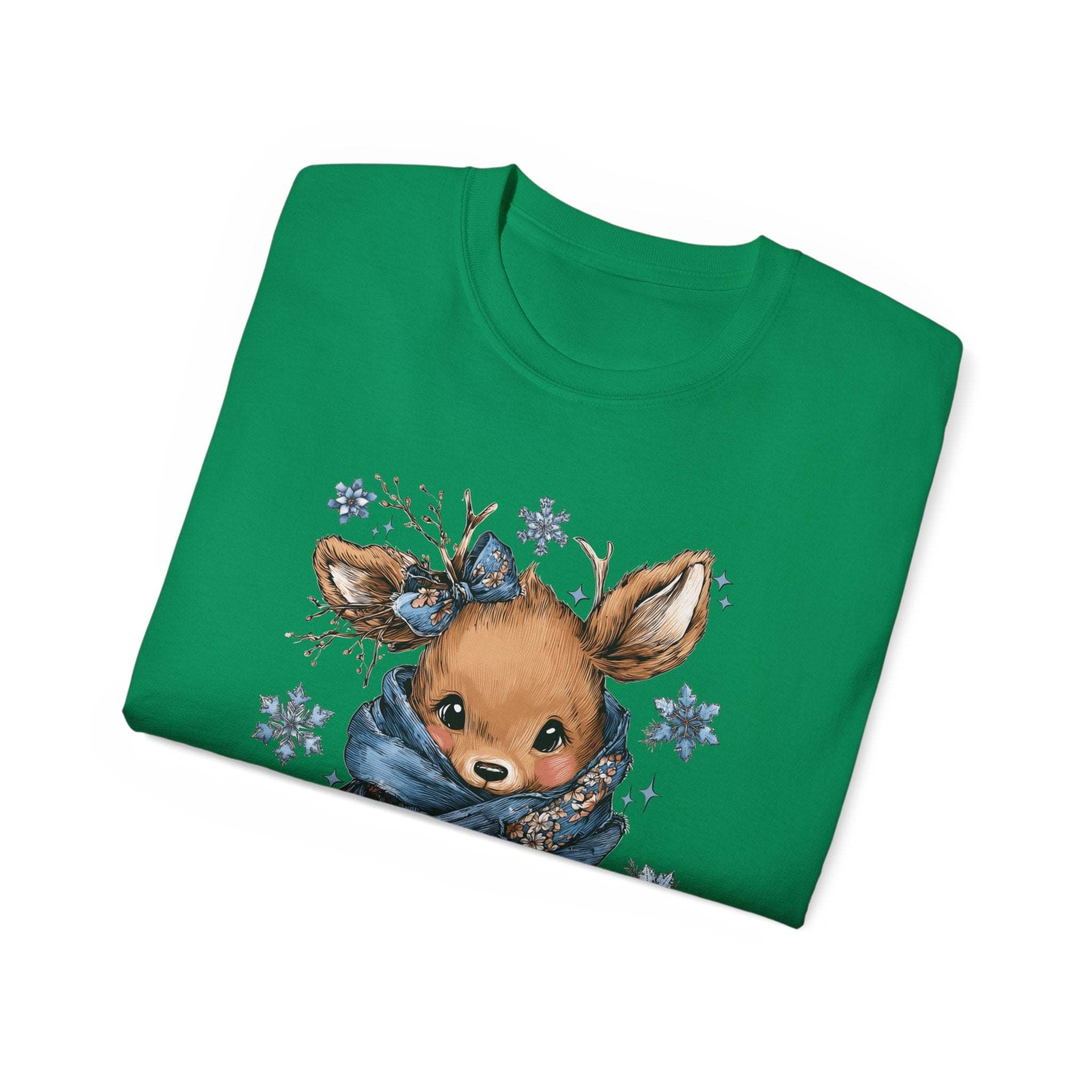 Green Retro Patchwork Reindeer T-shirt with cute reindeer graphic and winter scarf design