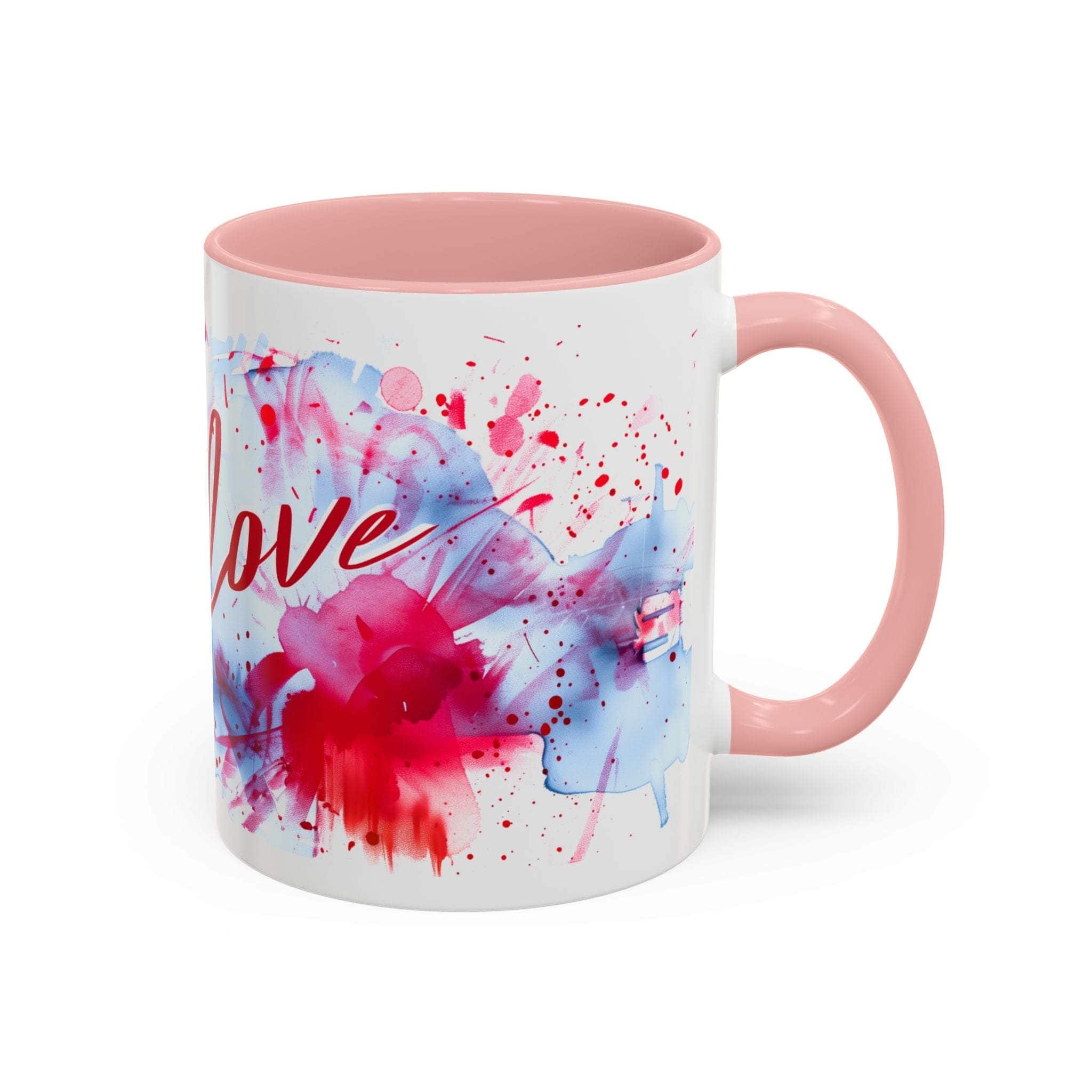 Mug with pink interior and handle, featuring abstract art and the word 'love' on a white background.