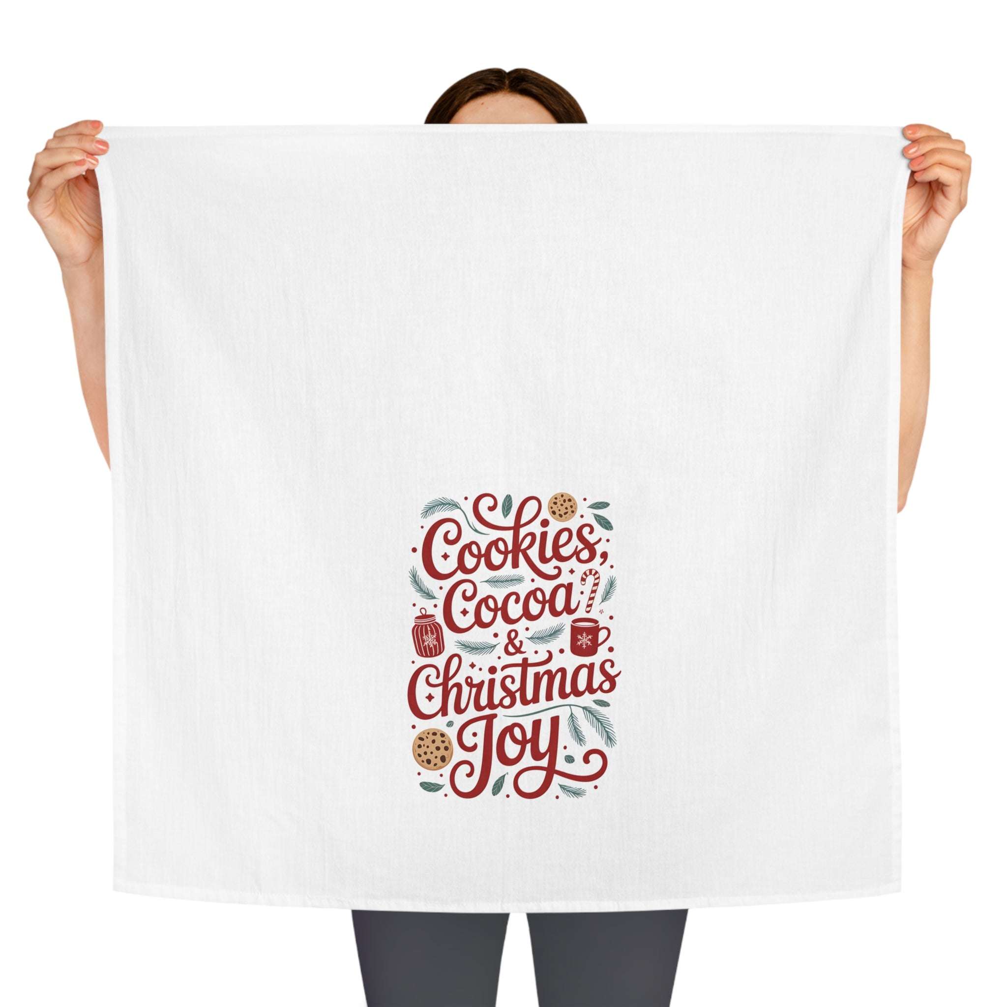 White cotton tea towel with festive Cookies Cocoa and Christmas Joy design