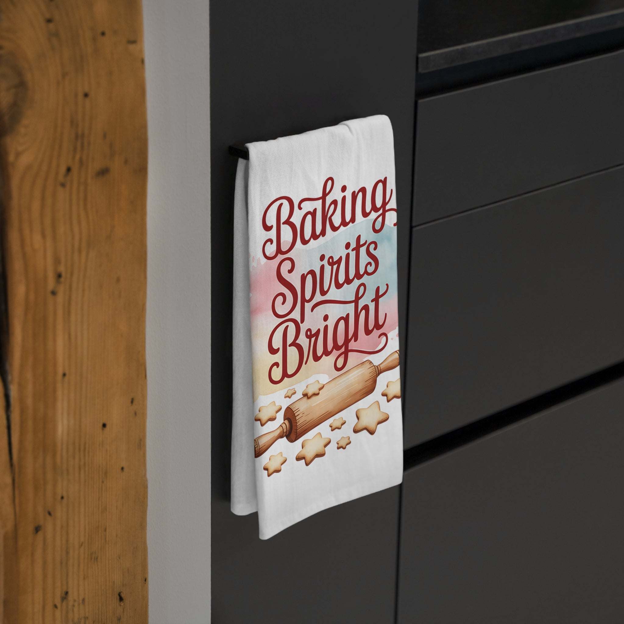 Festive kitchen towel with Baking Spirits Bright design and rolling pin illustration