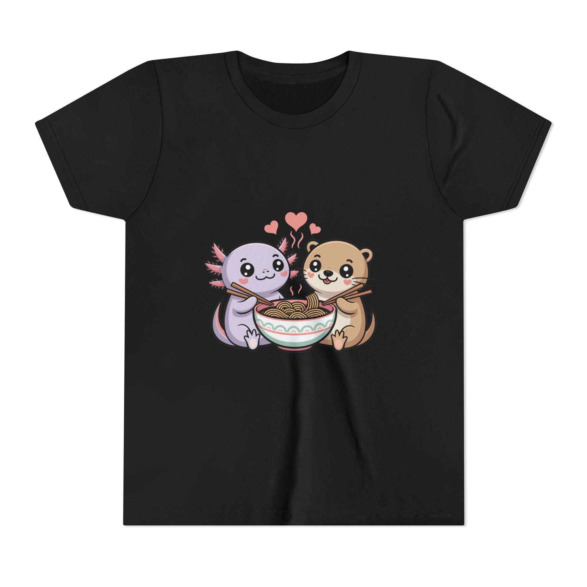 Cute kawaii animal kids shirt with axolotl and otter eating ramen, lightweight cotton tee