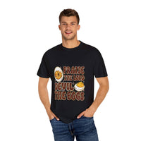 White cotton t-shirt featuring 'Praise the Lord, Devil the Eggs' design, perfect for Easter and Christian apparel.