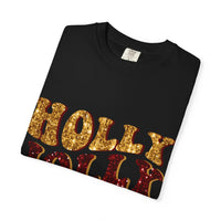 Faux Glitter Holly Jolly Mama brown t-shirt with festive glitter text for moms