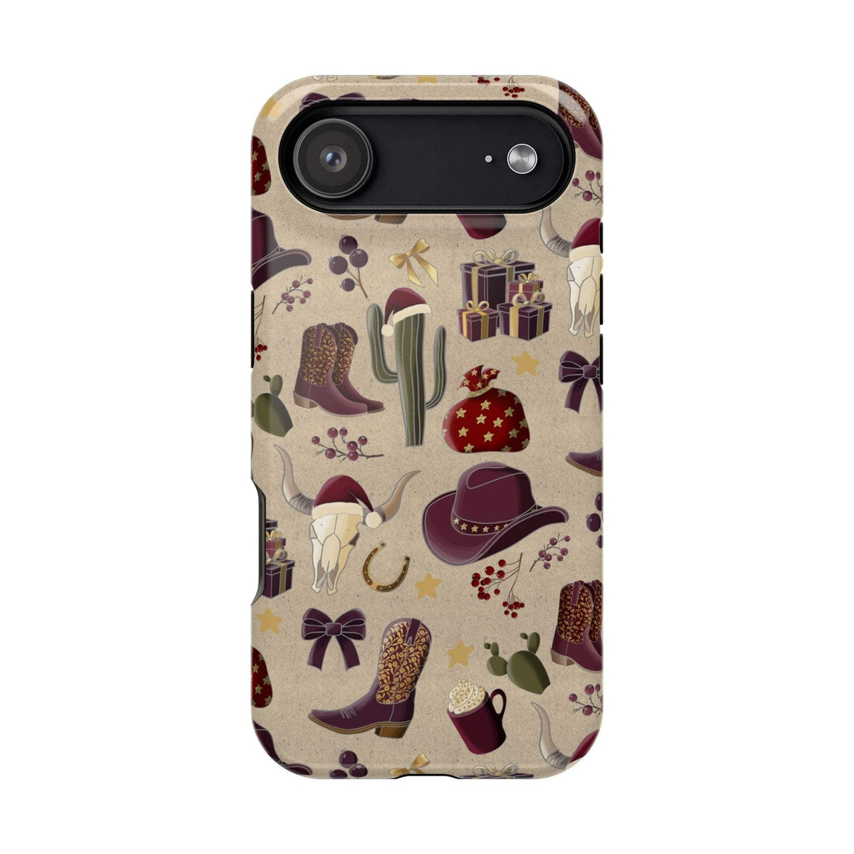 Cowboy Christmas design phone case for iPhone 17 in glossy finish by Printify, featuring festive colors and patterns.