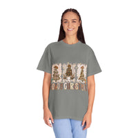 Woman wearing gray Cowboy Howdy Christmas t-shirt with festive tree design and casual fit