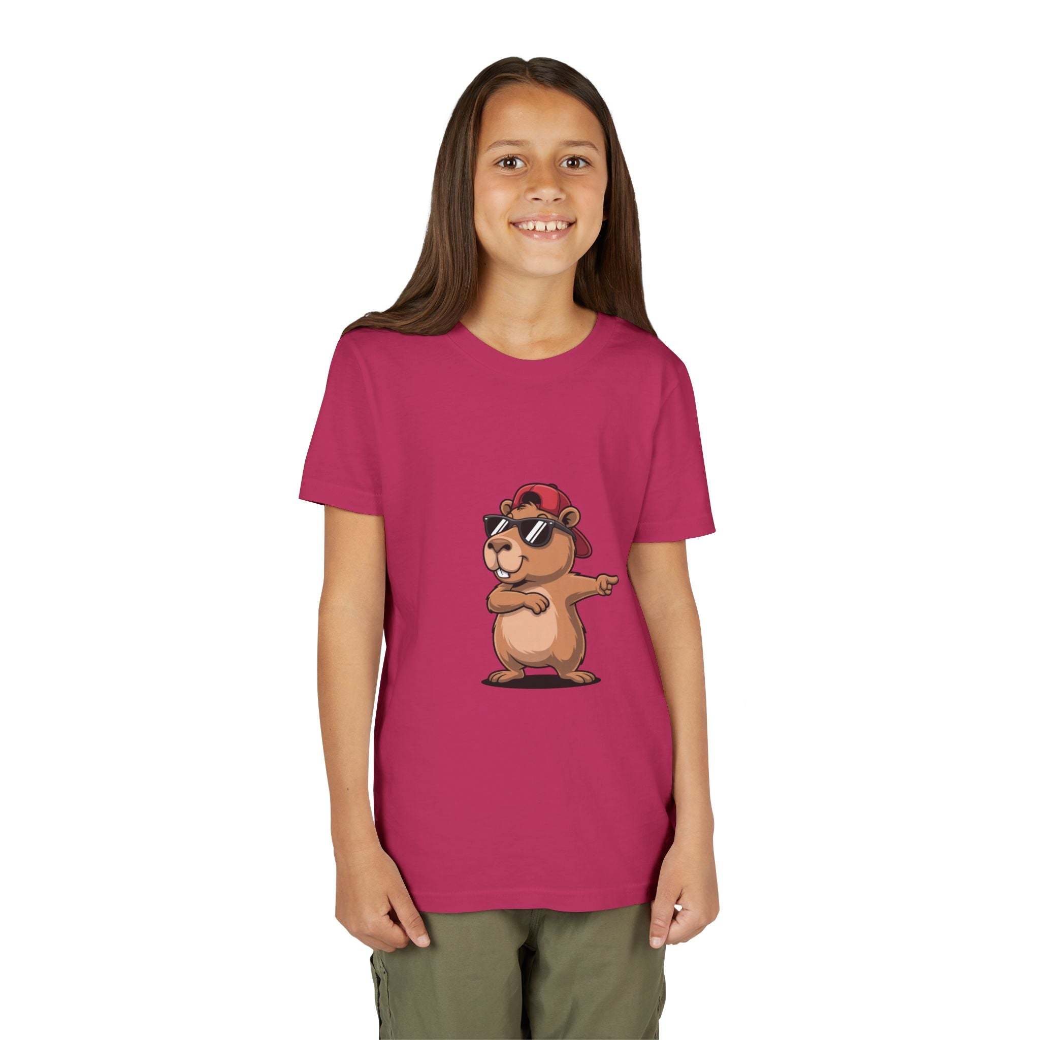 Youth tee featuring cool capybara in hat and sunglasses on soft cotton shirt