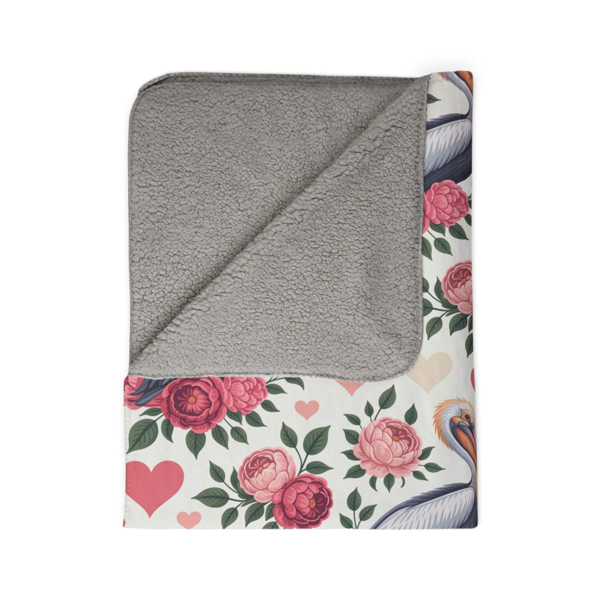 Floral pelican fleece Sherpa blanket with coastal bird and flower design