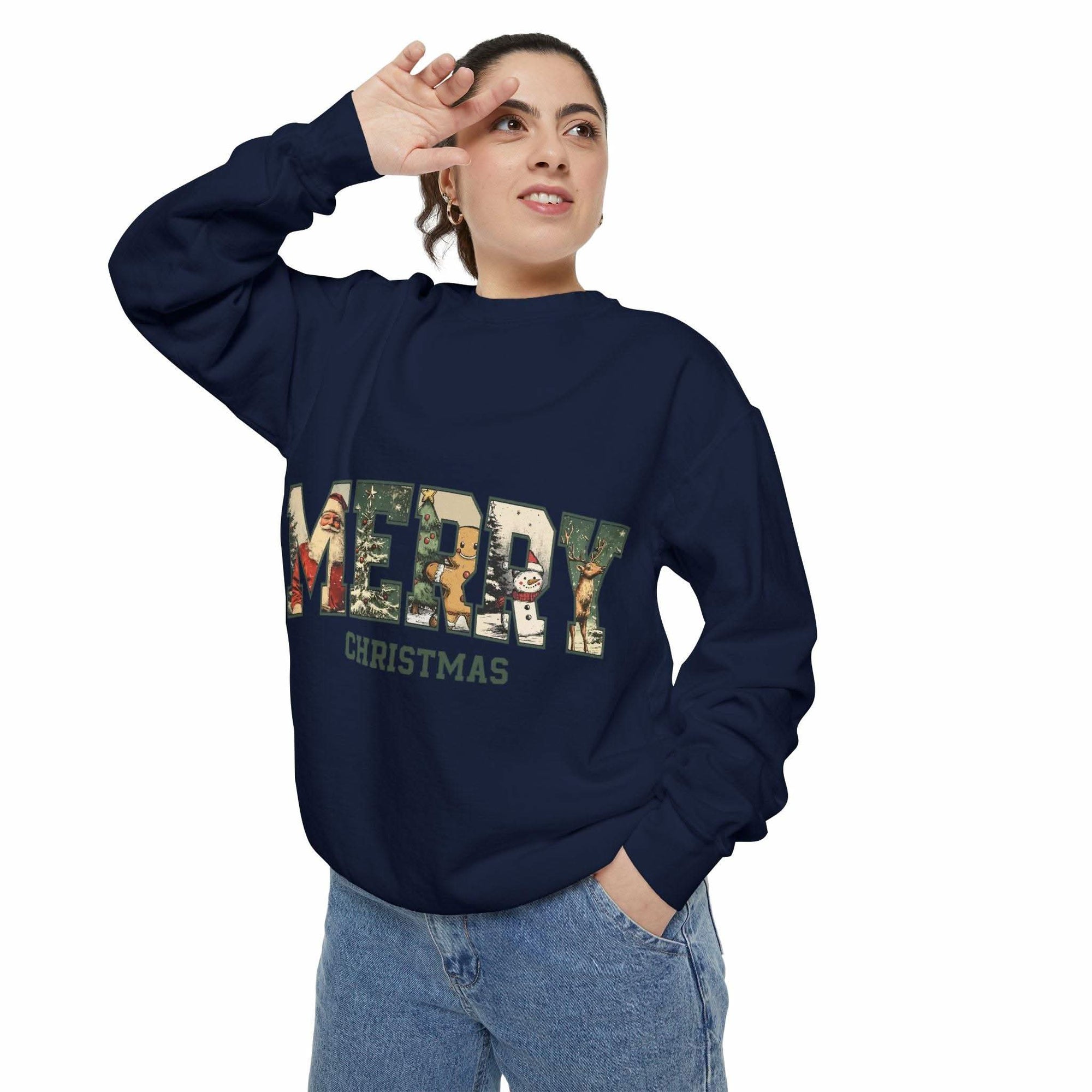Vintage Varsity Merry Christmas sweatshirt navy unisex cozy holiday sweater