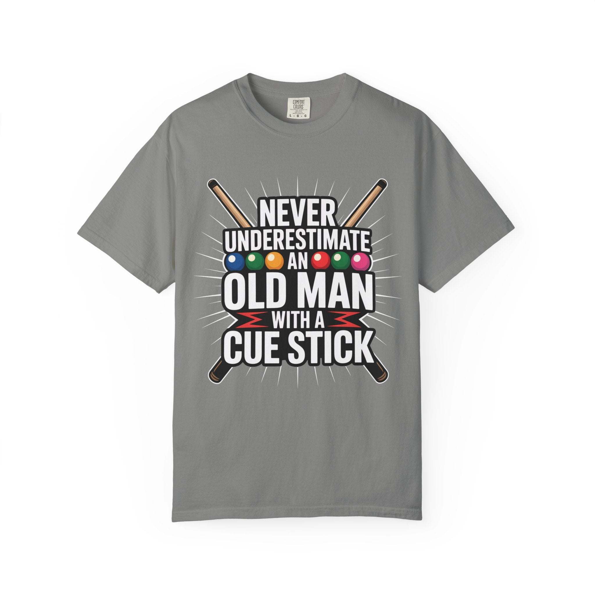 Gray t-shirt with pool cue and ball design on a white background
