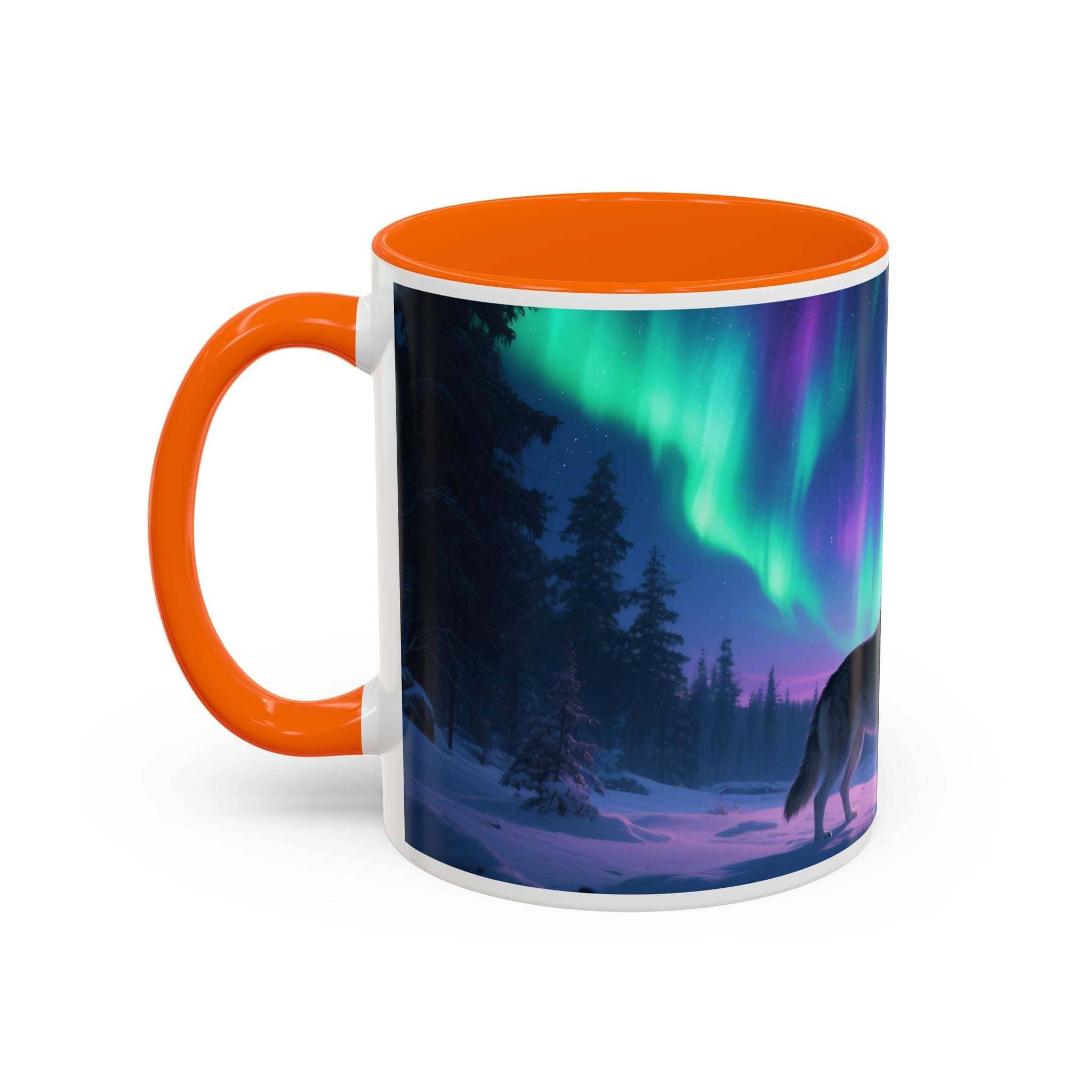 Mug with orange interior and handle featuring a Northern Lights design.