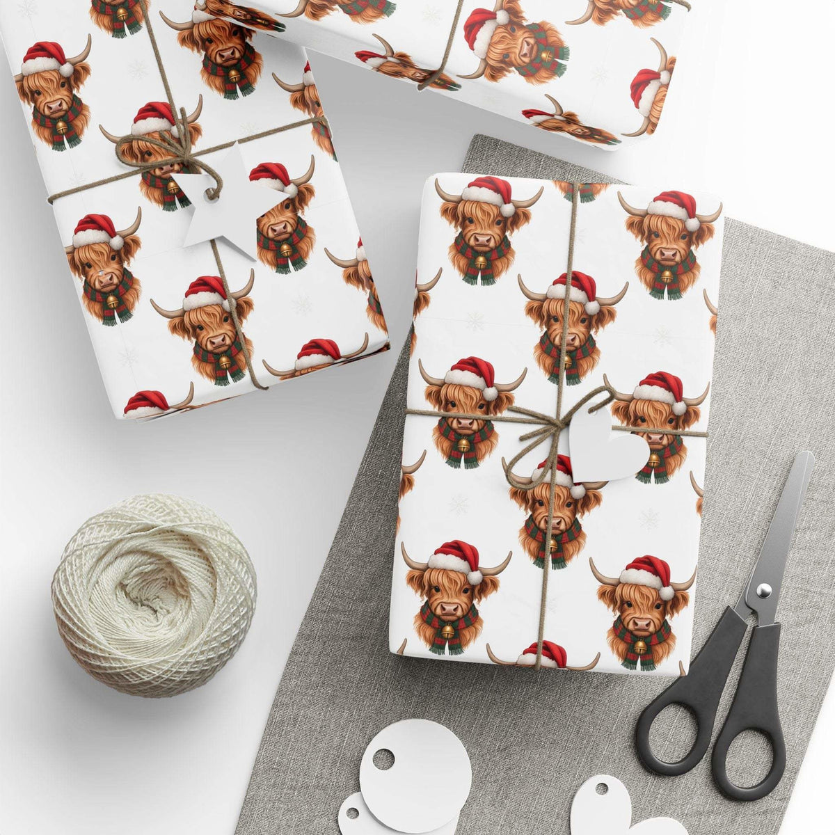Christmas gift wrapping papers with Santa Highland Cows design on white background