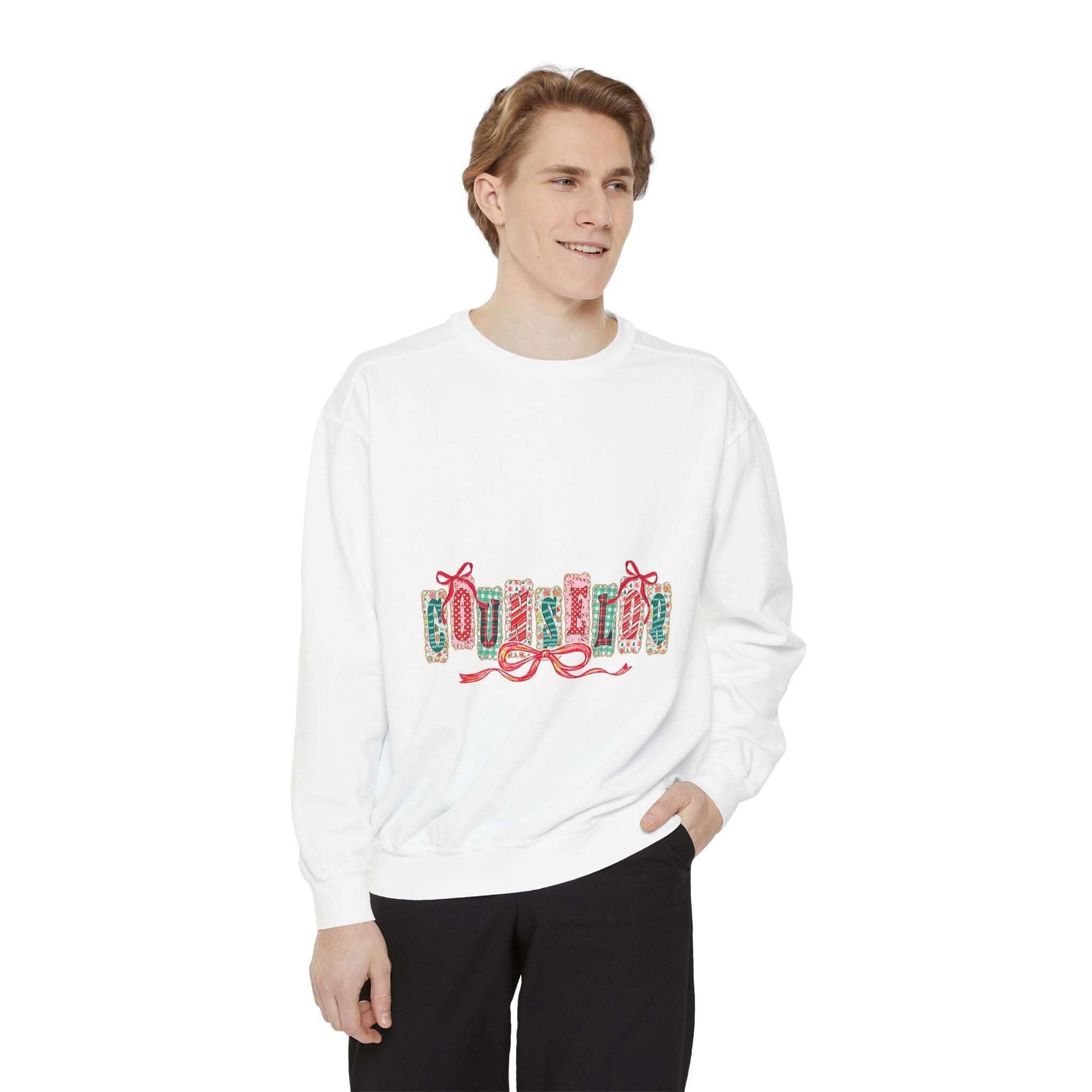 Garment-dyed True Navy sweatshirt with festive Christmas design, perfect for holiday gifting, by Printify