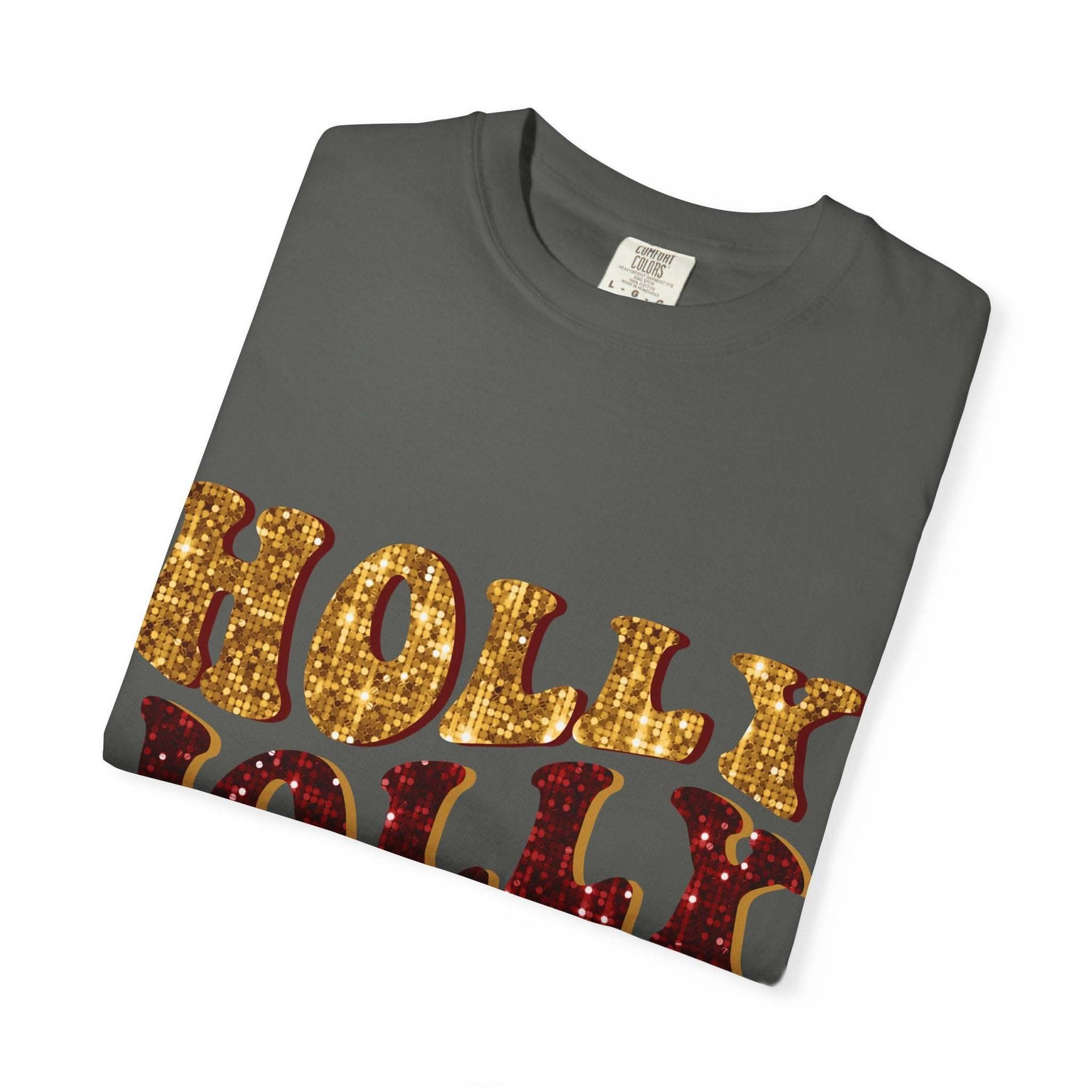 Faux Glitter Holly Jolly Mama brown t-shirt with festive glitter text for moms