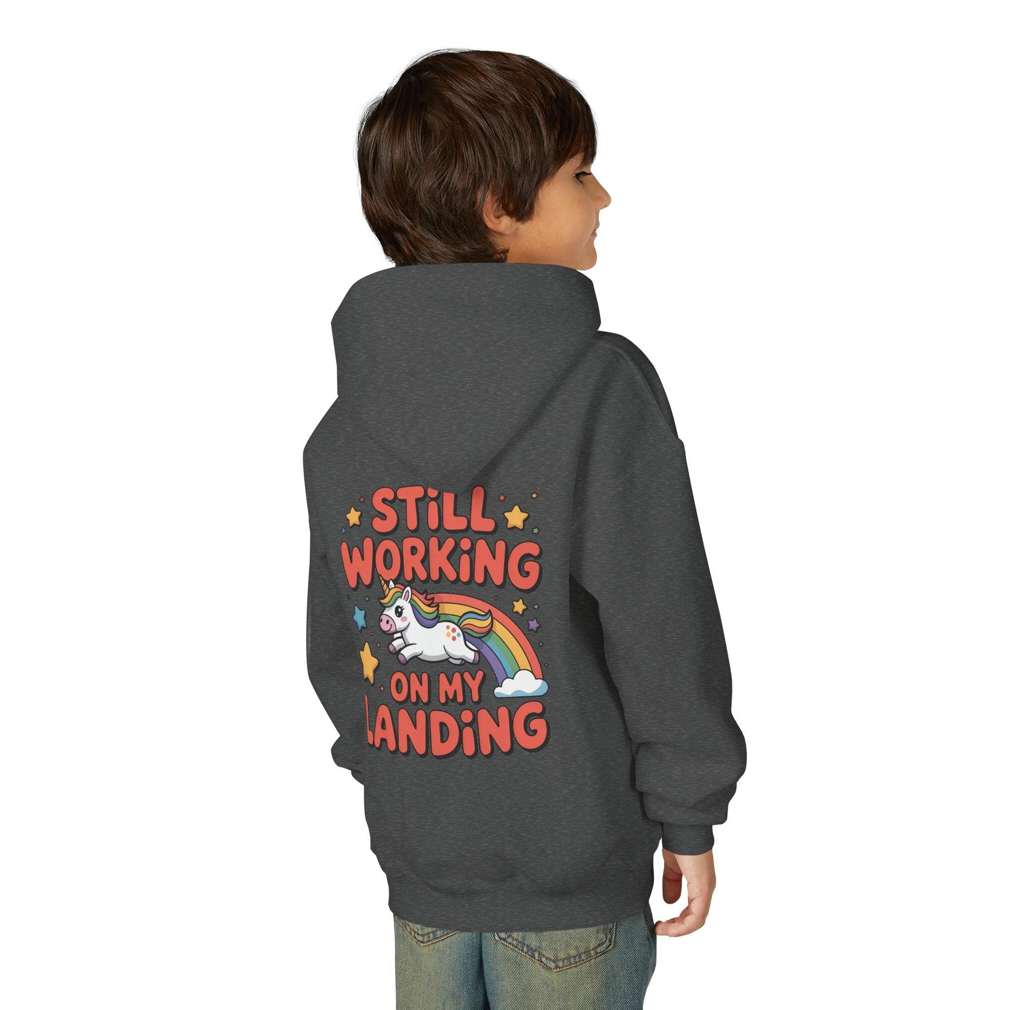 Still Working On My Landing Hoodie | Kids Unicorn Rainbow Design