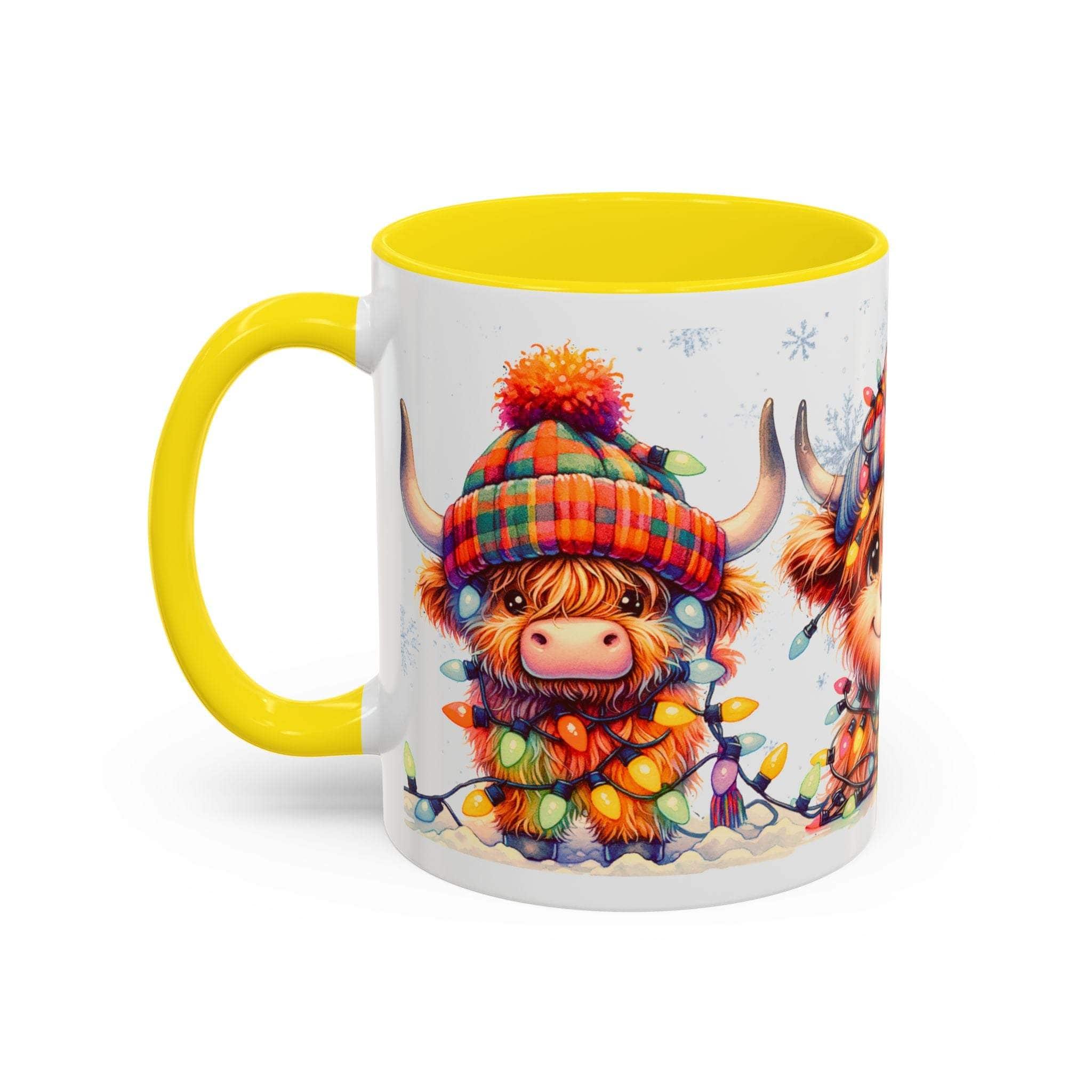 Mug with a cartoon Highland cow wearing a Christmas hat and lights on a white background