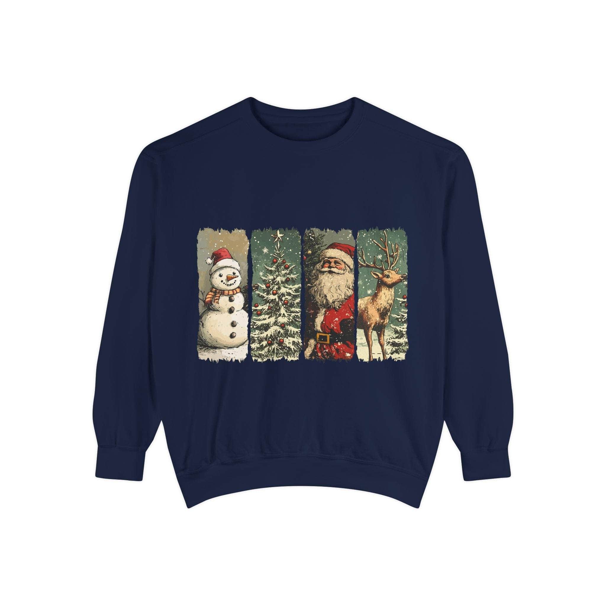 Vintage Christmas sweatshirt with watercolor snowman, Christmas tree, Santa, and reindeer on navy blue background