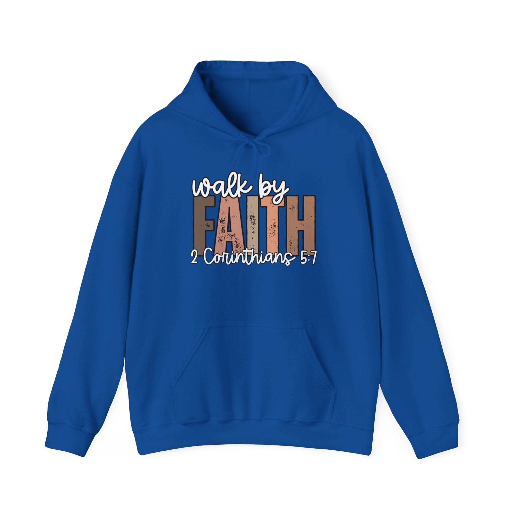Faith Over Fear Hoodie with "Walk by Faith" inspirational Christian design and cozy double-lined hood.