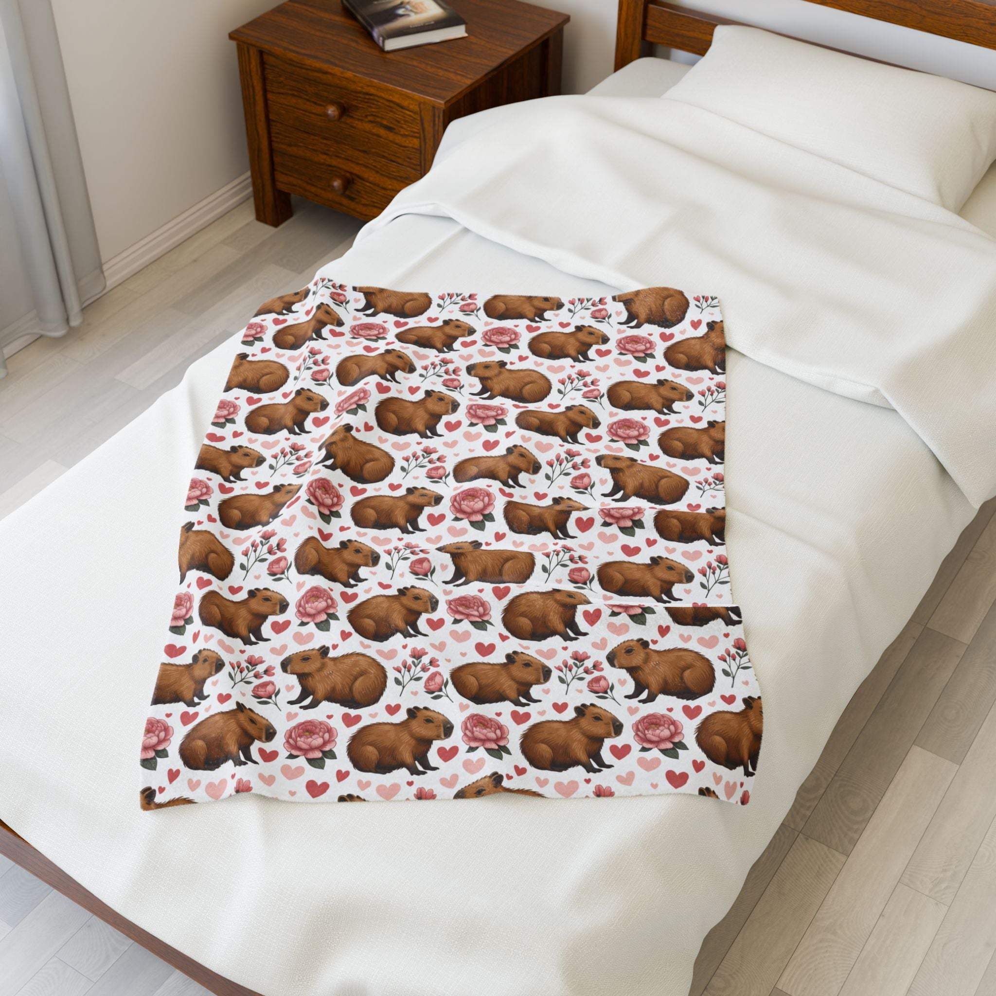 Floral Capybara Valentines plush velveteen blanket with pastel blooms and cozy warmth