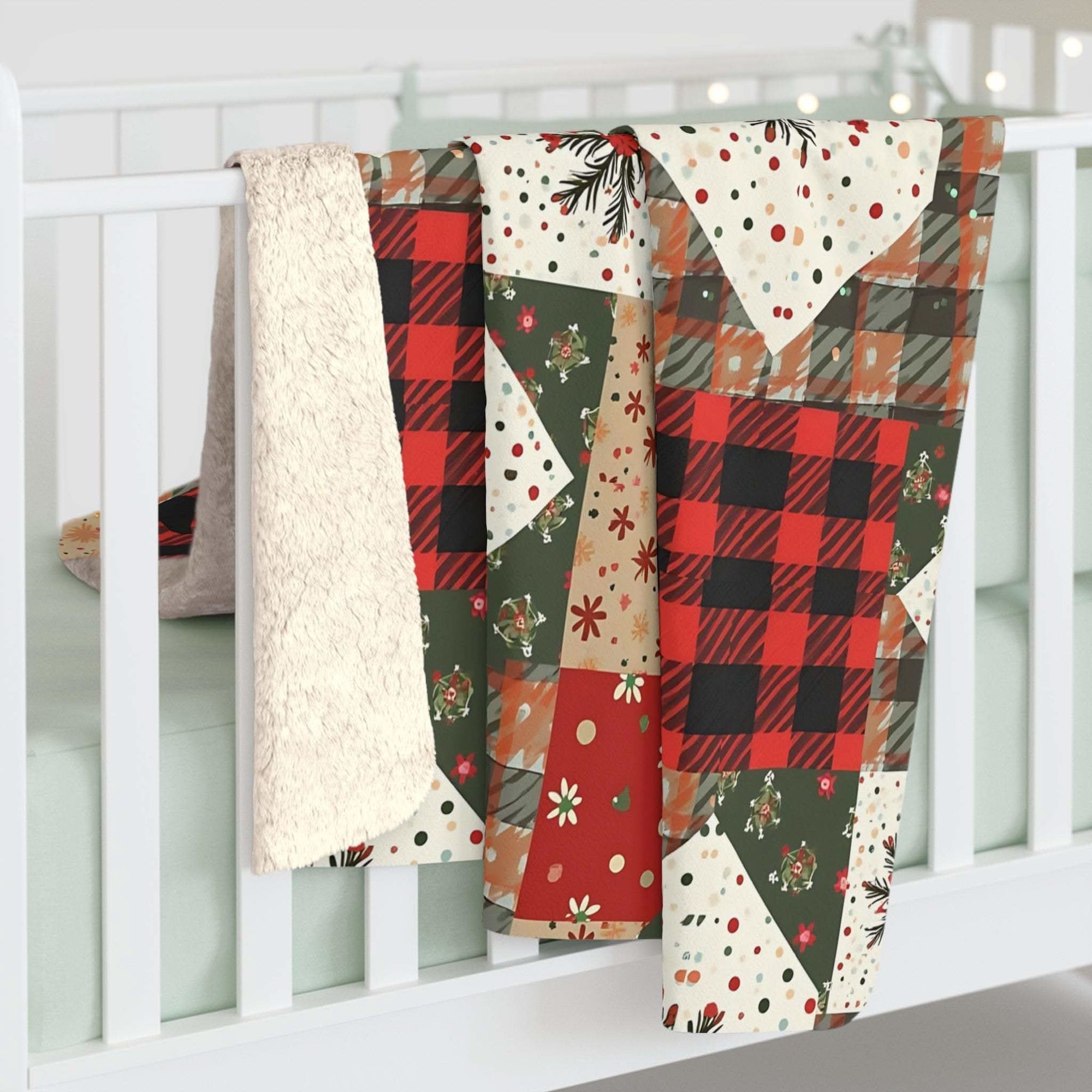 Vintage Christmas Stars Sherpa Blanket with plush fleece backing and durable hemmed edges