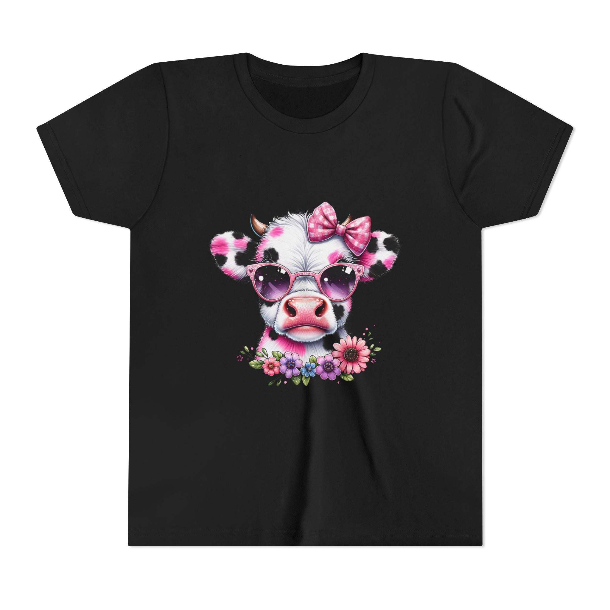 Black t-shirt with a cow wearing sunglasses and a bow design on a white background