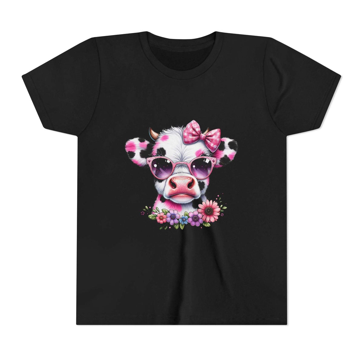 Black t-shirt with a cow wearing sunglasses and a bow design on a white background