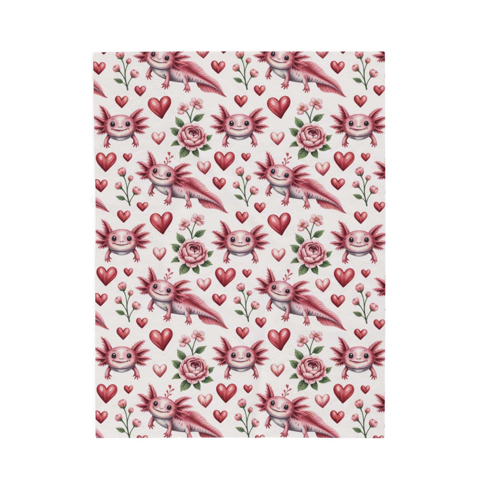 Floral axolotl valentine velveteen blanket with floral heart design on soft plush throw
