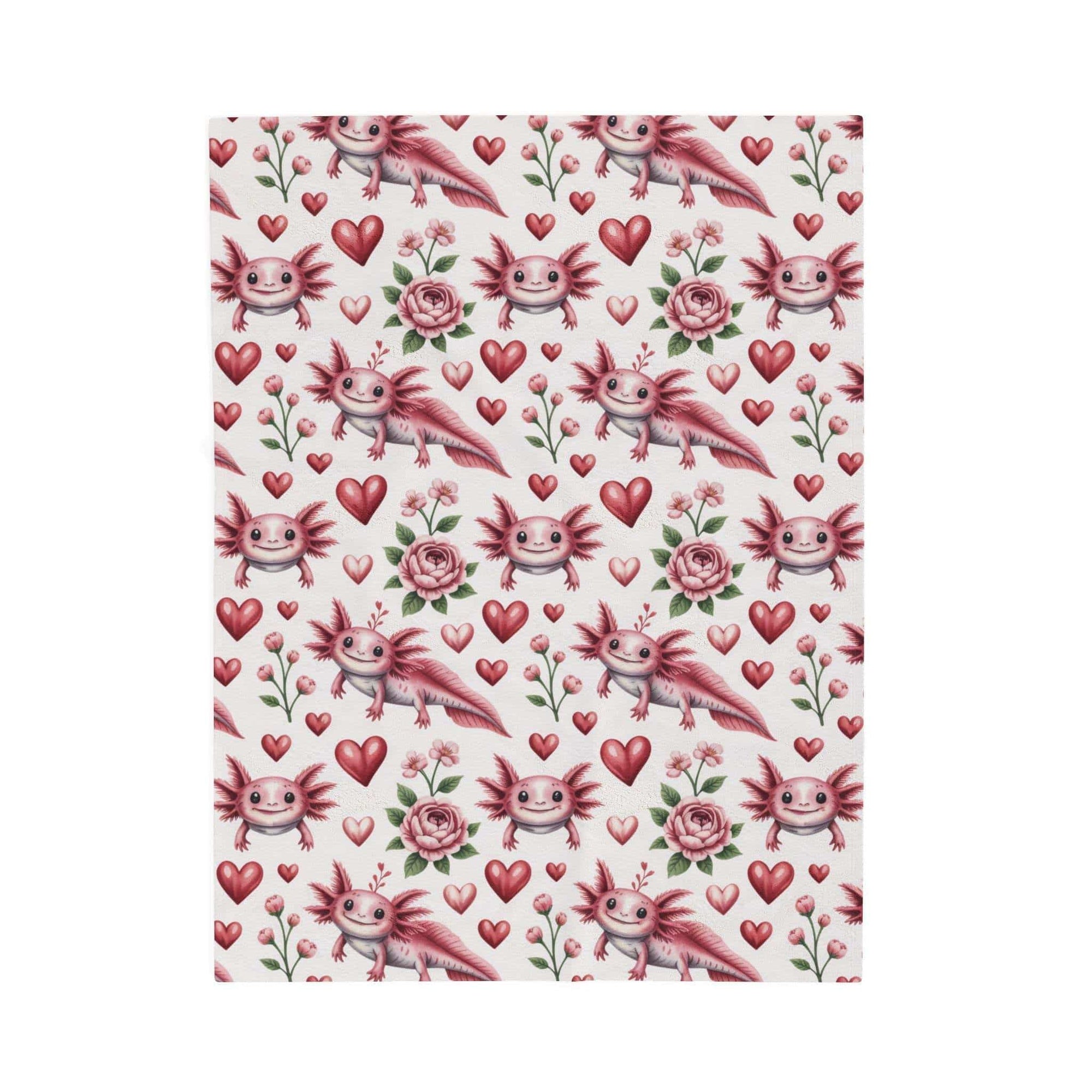 Floral axolotl valentine velveteen blanket with floral heart design on soft plush throw