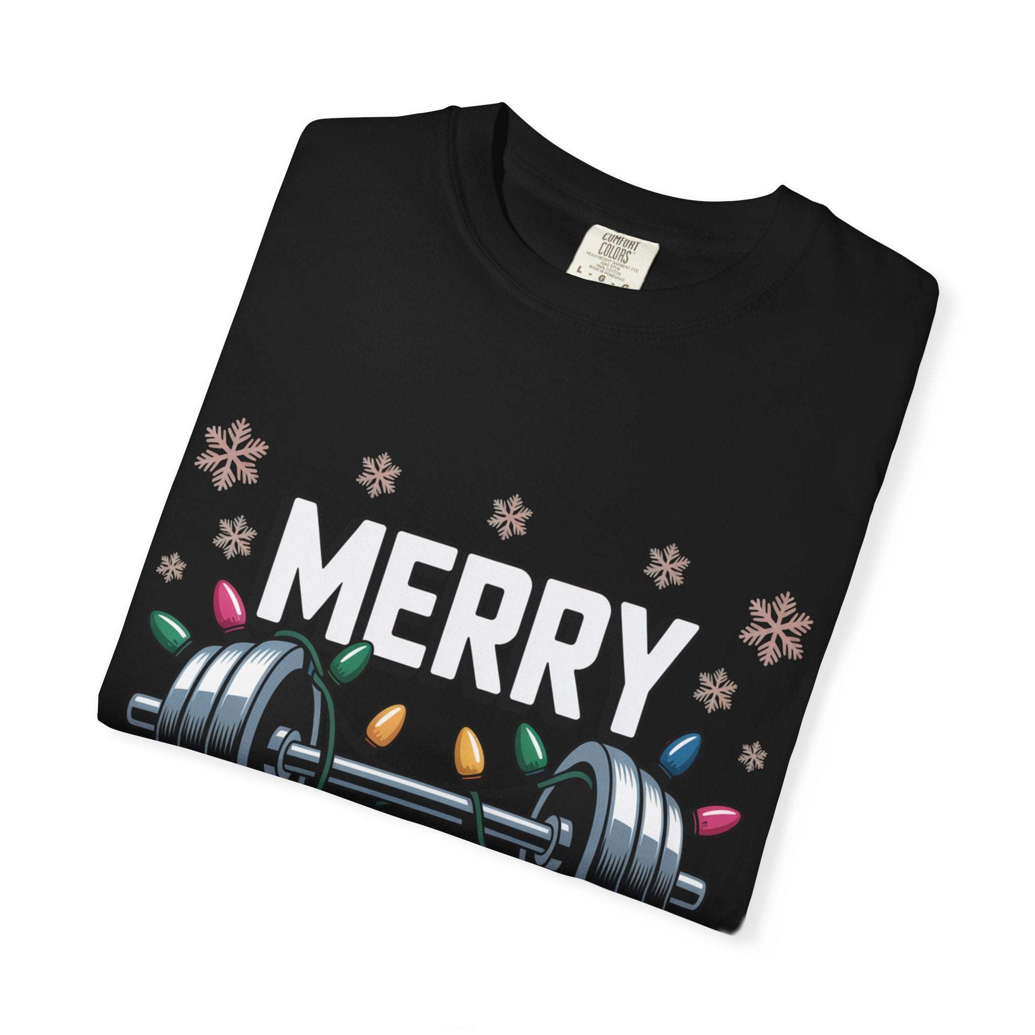 Black Merry Liftmas Christmas Workout T-shirt with barbell and holiday lights design