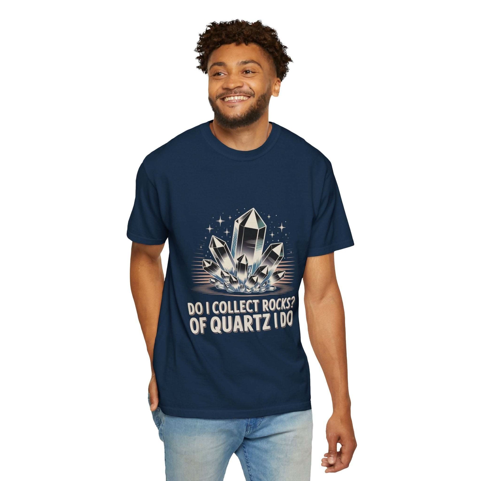 Man wearing navy Do I Collect Rocks quartz crystal graphic t-shirt for rockhounds and mineral lovers