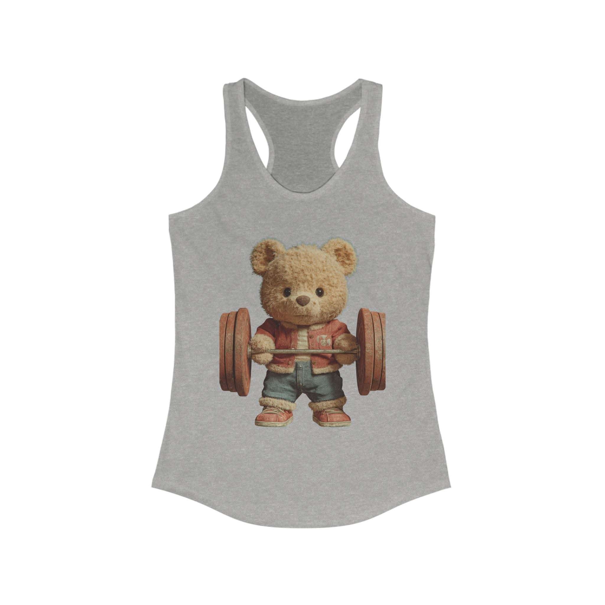 Solid black womens tank top featuring a cute weightlifting teddy bear design by Printify