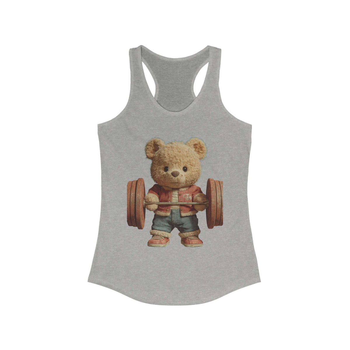 Solid black womens tank top featuring a cute weightlifting teddy bear design by Printify