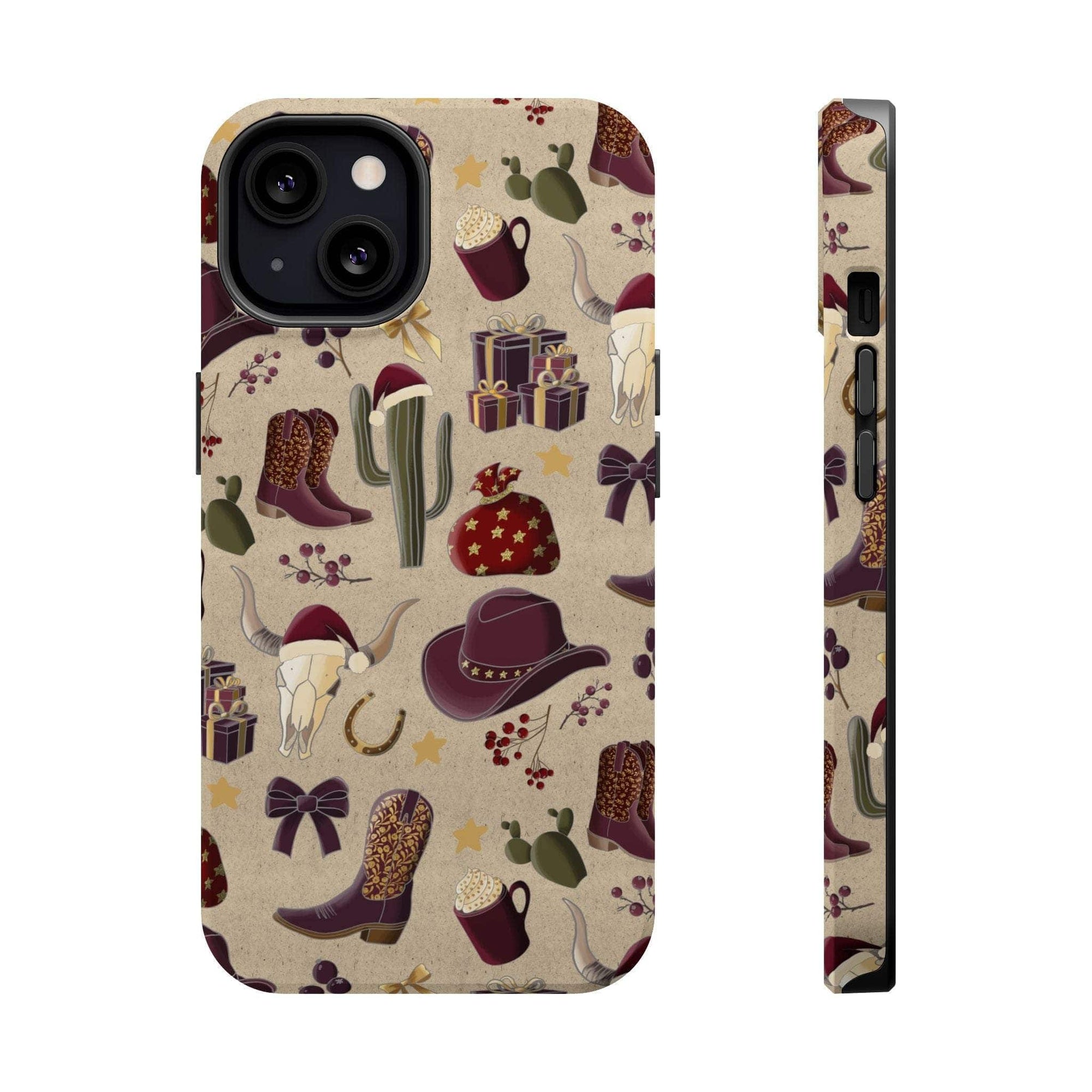Cowboy Christmas design phone case for iPhone 17 in glossy finish by Printify, featuring festive colors and patterns.
