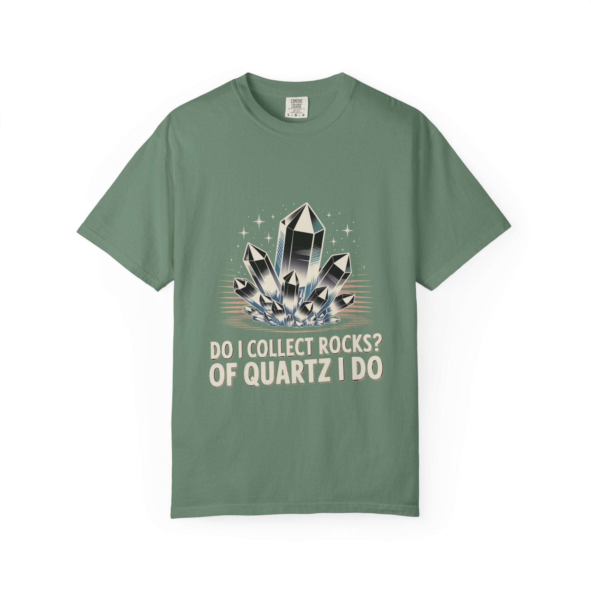 Green t-shirt with quartz crystal design and text on a white background