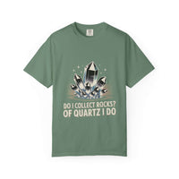 Green t-shirt with quartz crystal design and text on a white background