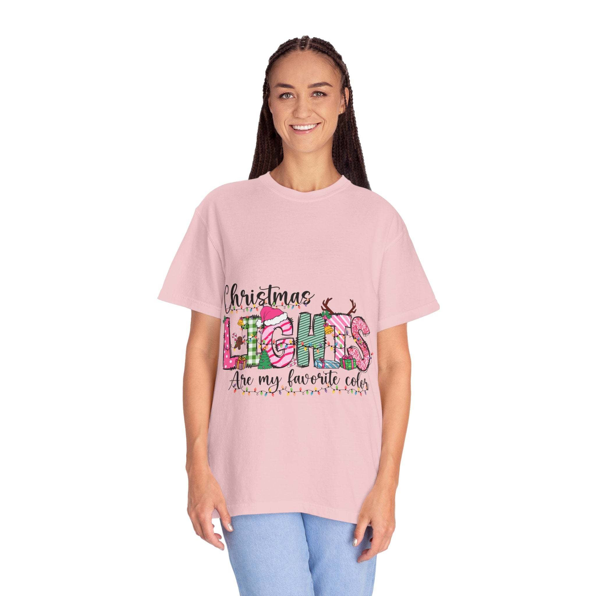 Cozy garment-dyed cotton T-shirt with "Christmas Lights Are My Favorite Color" text and relaxed fit for festive holiday wear