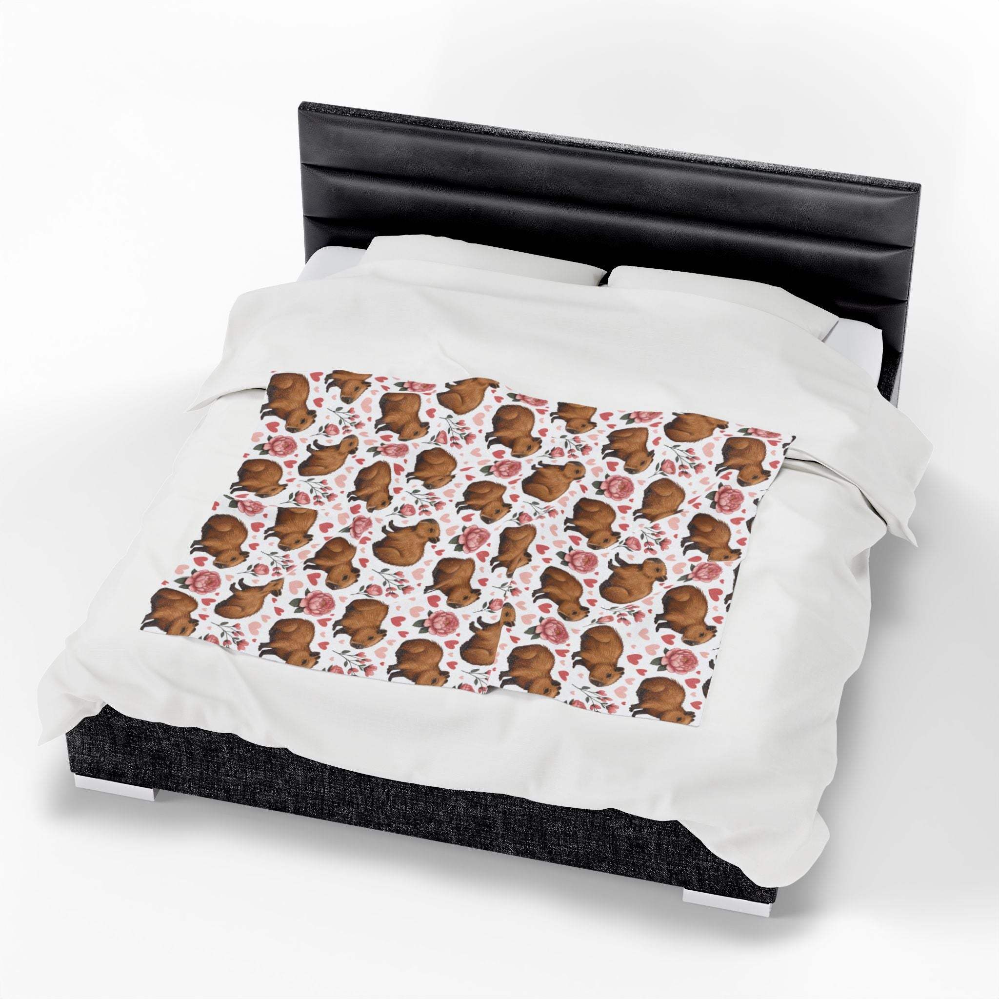 Floral Capybara Valentines plush velveteen blanket with pastel blooms and cozy warmth