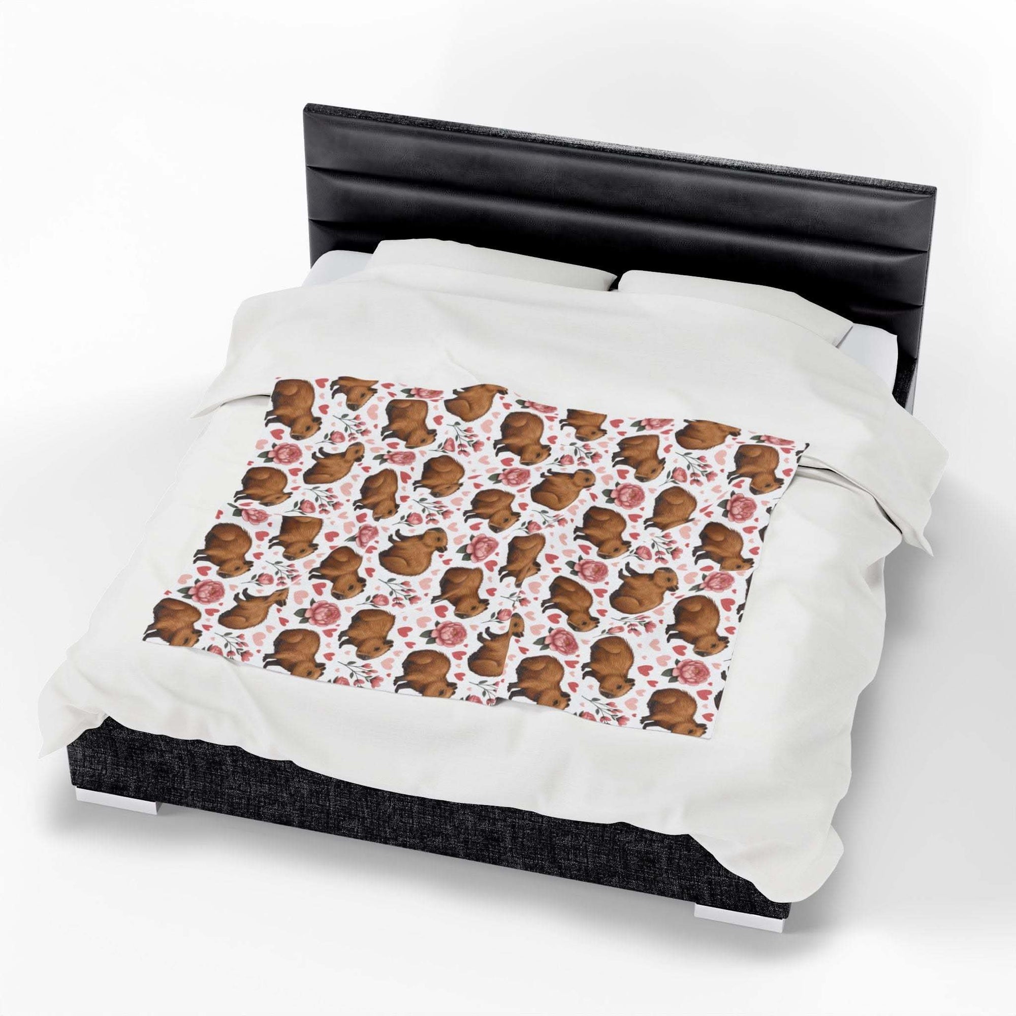 Floral Capybara Valentines plush velveteen blanket with pastel blooms and cozy warmth
