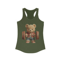 Solid black womens tank top featuring a cute weightlifting teddy bear design by Printify