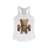 Solid black womens tank top featuring a cute weightlifting teddy bear design by Printify.