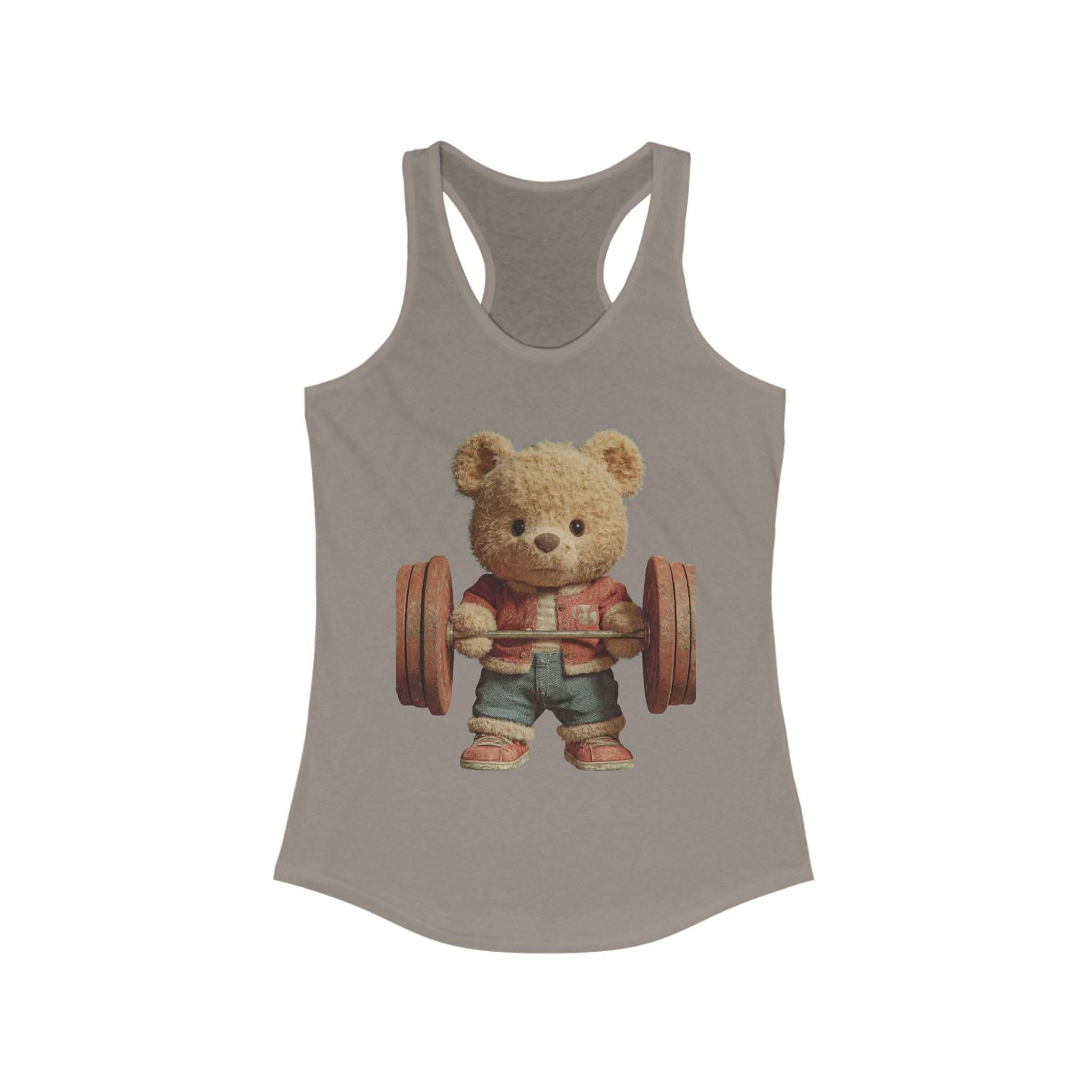 Solid black womens tank top featuring a cute weightlifting teddy bear design by Printify