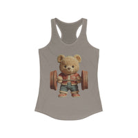Solid black womens tank top featuring a cute weightlifting teddy bear design by Printify