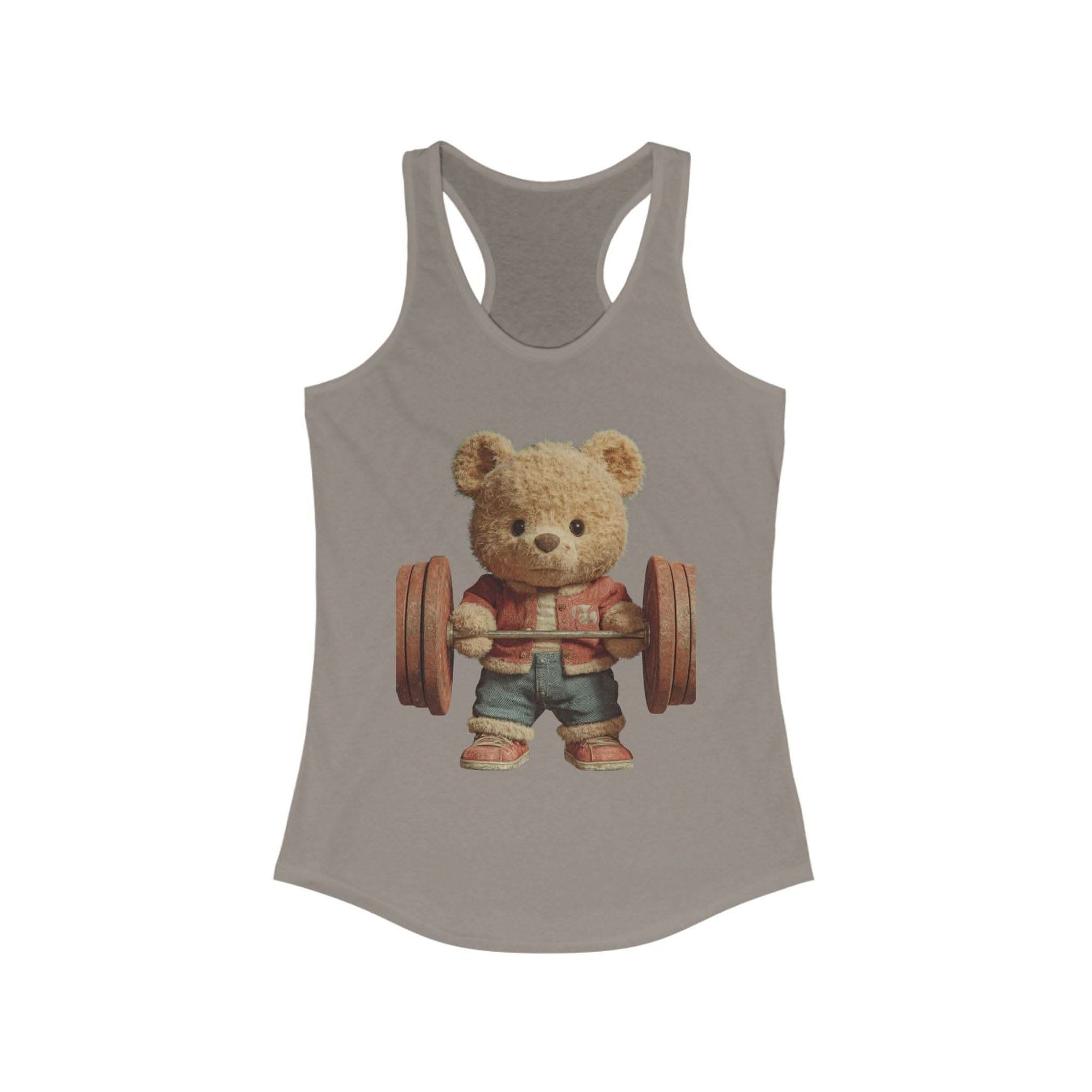 Solid black womens tank top featuring a cute weightlifting teddy bear design by Printify