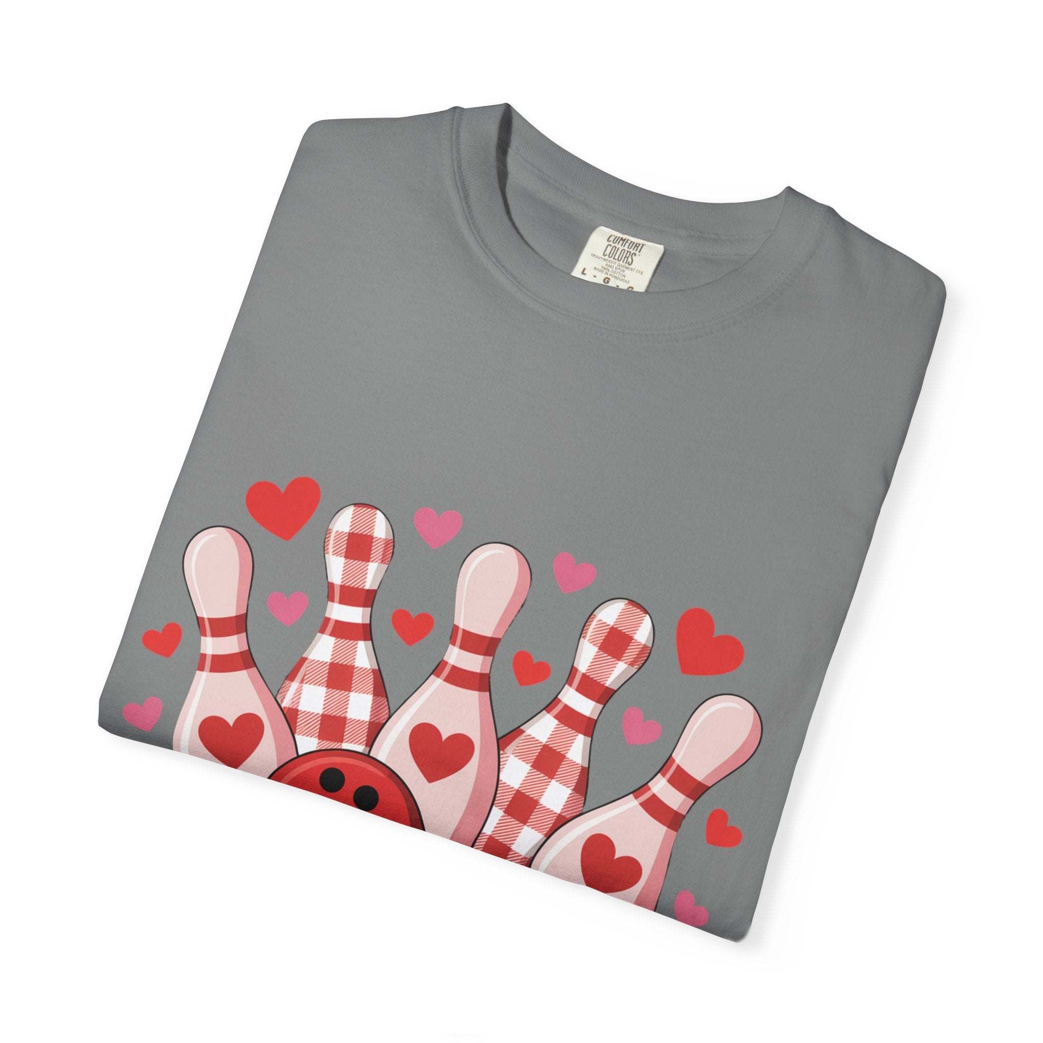 Valentine's Bowling Hearts Tshirt with tiny hearts and bowling pin design on soft heavyweight cotton