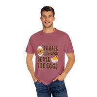 White cotton t-shirt featuring 'Praise the Lord, Devil the Eggs' design, perfect for Easter and Christian apparel.